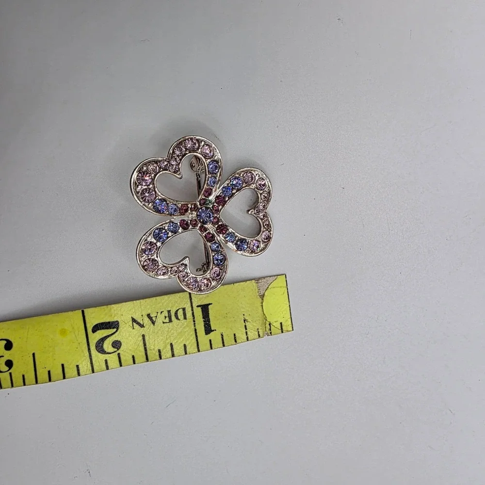 Vintage Liz Claiborne Silver Tone 3 Heart Multicolor Rhinestones Brooch Pin 1.5